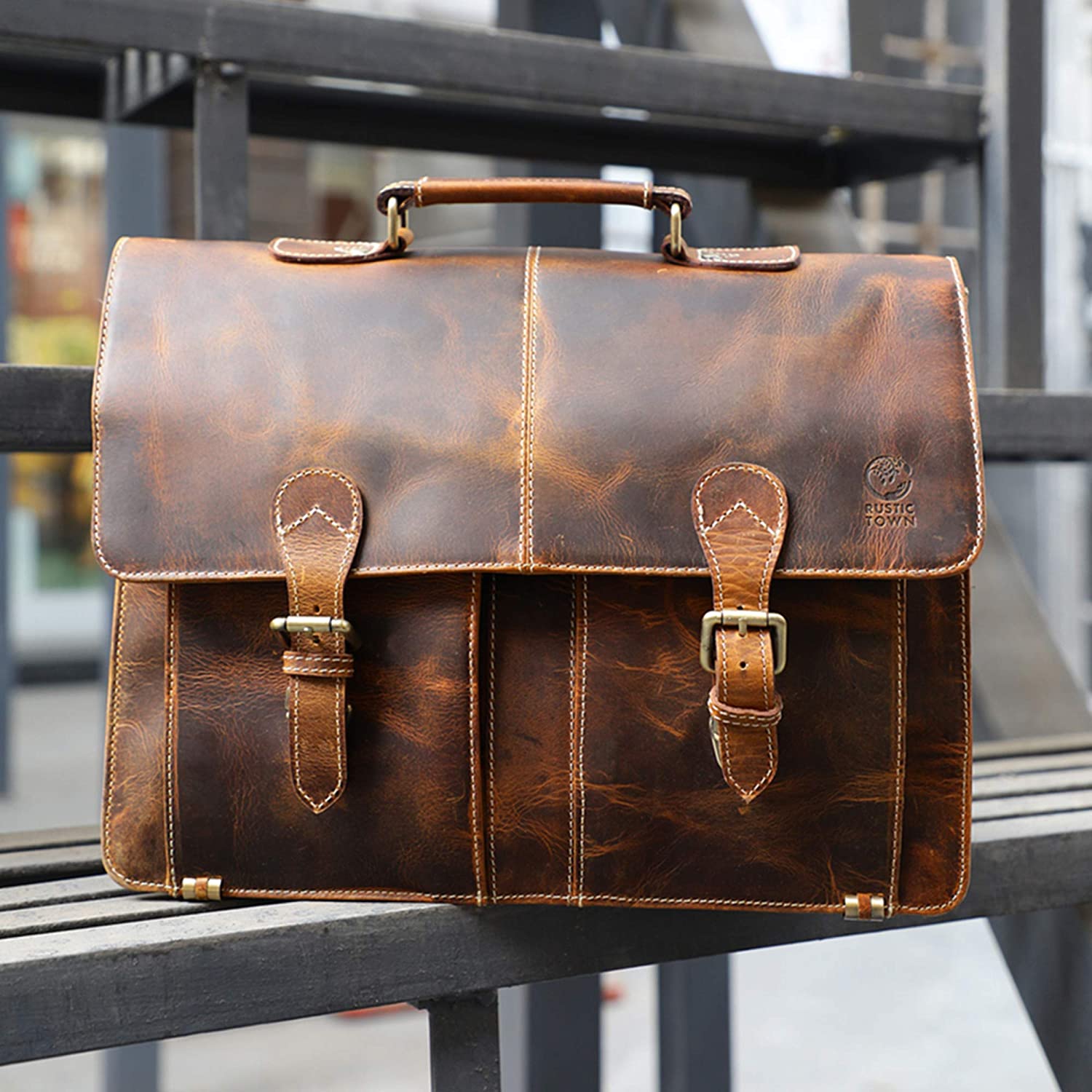 RUSTIC TOWN Handmade Leather Shoulder Briefcase Messenger Bag Mens 16 inch Laptop Satchel - Image 6